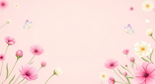 Beautiful floral border with pink and white flowers and butterflies on pastel background