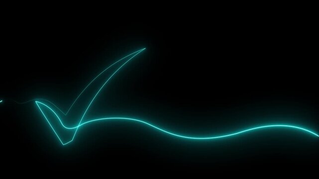 Neon cyan check mark forming on black background abstract glowing line animation success confirmation motion graphic of approval verification concept. 4k motion video