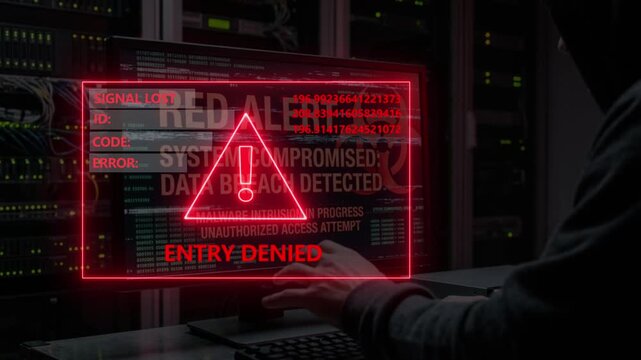 Hacker accessing secured server room in dark data center with red security warning alert displaying system compromise on monitor screen.