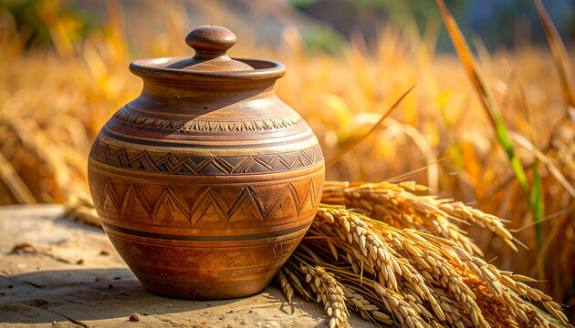 Rustic ceramic pot and wheat stalks against a blurred golden background