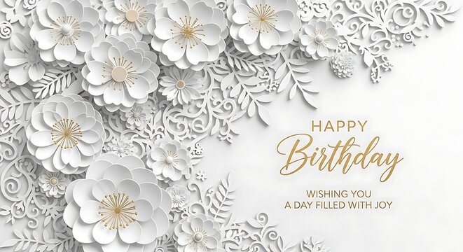 Beautiful white paper cutout flowers with gold accents on birthday card with text