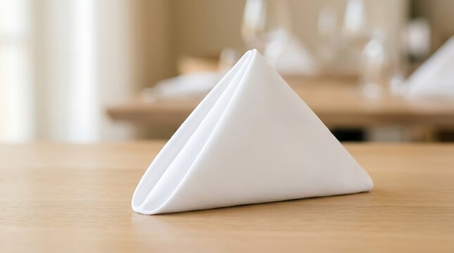 A close up photo of a neatly folded triangular white napkin placed on a wooden table in a restaurant setting with a blurred background.