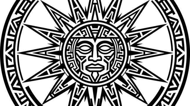 Geometric sun motif illustration featuring tribal-inspired face design with concentric circular patterns symbolizing culture, symmetry, power, and design concepts