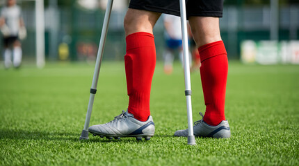 Obraz premium Injured athlete on crutches in red socks on grass soccer field recovery training. Generative AI image
