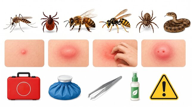 Insect bite and sting first aid symptoms and treatment set