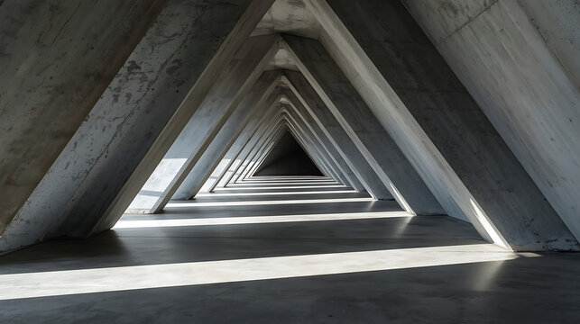 This is a 3D rendering of a modern concrete industrial corridor featuring a triangular tunnel design