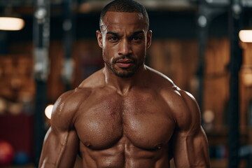 Fototapeta premium Focused Fit Athlete Engaged in Strenuous Weightlifting Session, Demonstrating Strength and Determination in a Dynamic Gym Environment