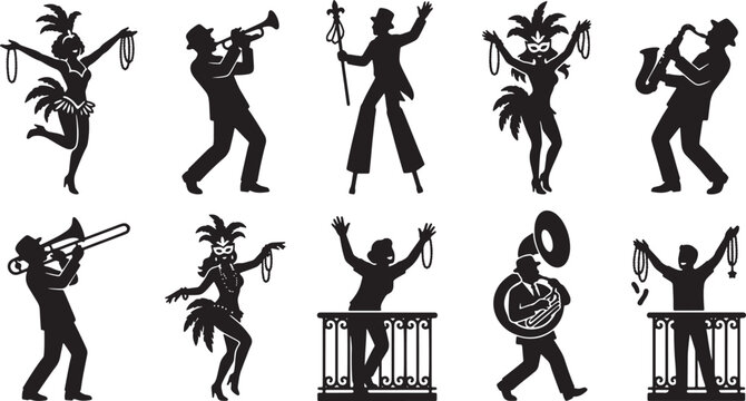 Mardi Gras Silhouette Icons, Festive Carnival Dancers and Musicians, New Orleans Jazz Band Vector Set