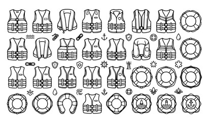 Nautical safety equipment collection life vests buoys and marine icons hand drawn set © Mstshneha