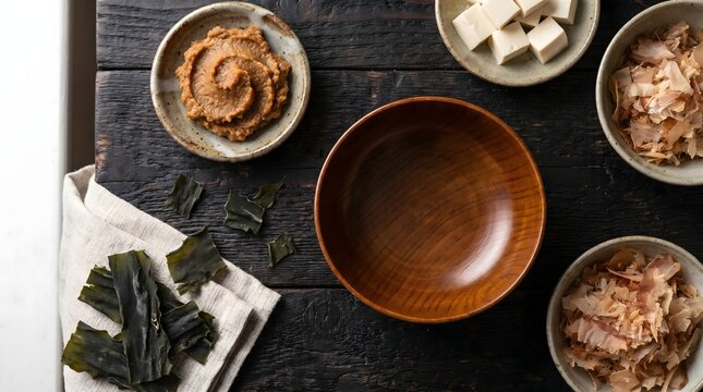 Traditional Miso Soup Ingredients Flat Lay with Tofu and Wakame - Japanese Culinary Setup