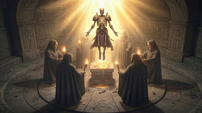 Hooded cultists performing ritual to summon floating skeletal figure in stone temple. Dark fantasy concept of necromancy and occult ceremony in ancient underground chamber.