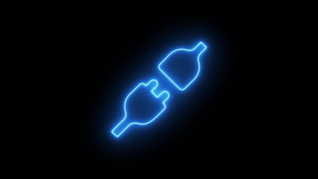 Cyan neon glowing outline of two electrical plugs connecting electricity connection. motion graphic of two plug concept. 4k motion video