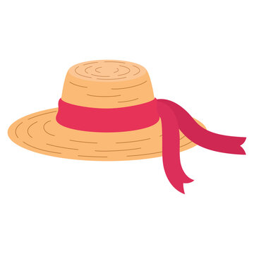 straw hat with red ribbon, flat illustration