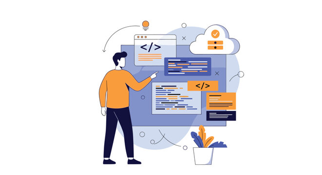 Male software developer writing program codes and analyzing statistics on a virtual screen for a cloud database.