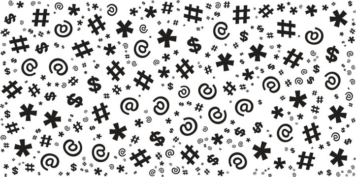 Abstract background pattern featuring scattered black symbols including hashtags at signs dollar signs and asterisks.