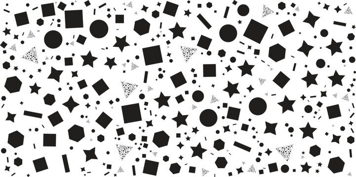 Abstract background with scattered black geometric shapes on a white surface.