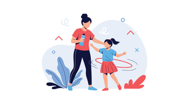Loving mother teaching her cute little daughter how to spin a red hula hoop in backyard or fitness studio.