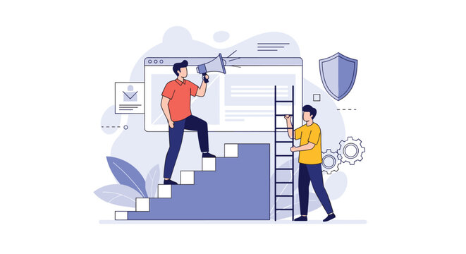 Corporate team working hard to achieve business goals using a ladder and stairs near a secure database screen.