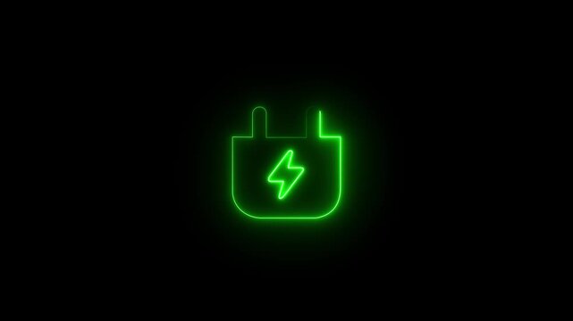 Green Neon Outline Icon of an Electrical Plug with Lightning Bolt Symbol on Black Background power plug. motion graphic of plug and lighting bolt concept. 4k video