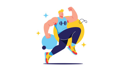 Obraz premium Strong muscular bodybuilder in a tank top flexing his muscles and running against a backdrop of colorful abstract shapes.