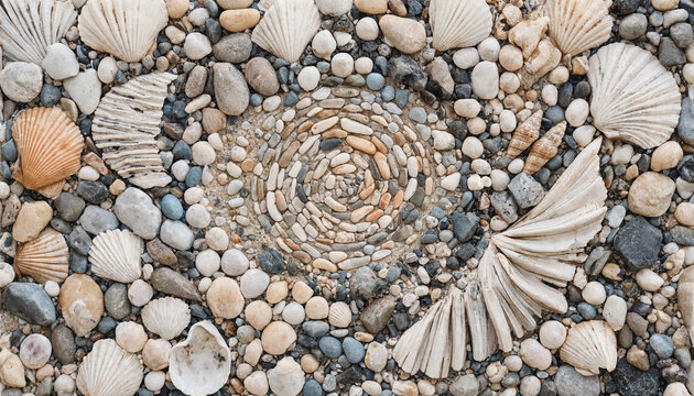 Artistic spiral mosaic made of sea shells and pebbles on beach sand with seashells background decorative creative sculpture artistic circular beachcombing arrangement composition