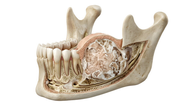 Detailed 3D Render of Ossifying Fibroma in Human Jaw, isolated on white background, suitable for science education
