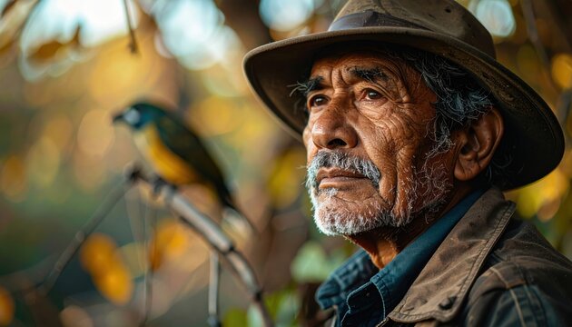 Elderly Man in Hat Gazes Outward with Bird Companion.
