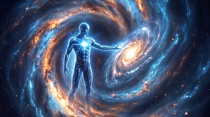Fototapeta premium Radiant energy entity interacting with a vast spiral galaxy in deep space. Conceptual visualization of universal consciousness and creation.