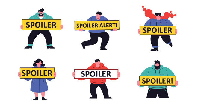 Diverse set of cartoon characters holding yellow and red signs warning about film or book spoilers.