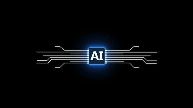 Animation of Blue digital AI logo with futuristic technology. Chat with AI or artificial intelligence technology circuit board, microchip, motion graphic of AI concept.