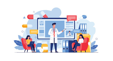 Fototapeta premium Medical professionals participating in an online healthcare consultation platform to support patients remotely.