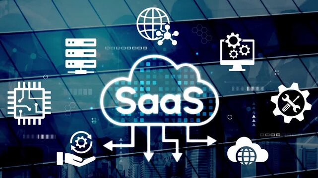 Cloud Computing Concept with SaaS Icons Over Background of Modern Glass Buildings Representing Innovation and Technology in Digital Services. Entropy.