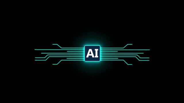Animation of Cyan digital AI logo with futuristic technology. Chat with AI or artificial intelligence technology circuit board, microchip, motion graphic of AI concept.