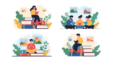 Fototapeta premium Creative collection of people sitting and reading books on giant books to promote education and literacy.