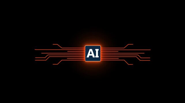 Animation of Golden digital AI logo with futuristic technology. Chat with AI or artificial intelligence technology circuit board, microchip, motion graphic of AI concept.