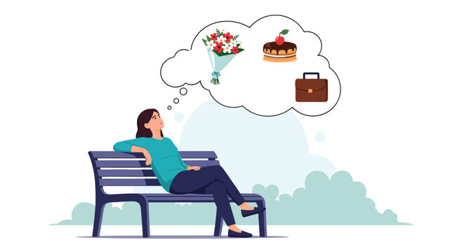 Mindful woman sitting on a park bench and prioritizing her goals like career, celebration, and relationships.