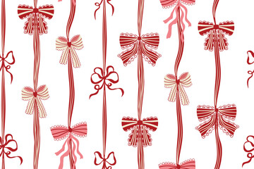 Fototapeta premium Red and pink coquette lace bows, hand drawn ribbons seamless pattern. Vector vertical striped vintage background, print, Christmas holiday wallpaper, textile design, wrapping paper, fashion, fabric.
