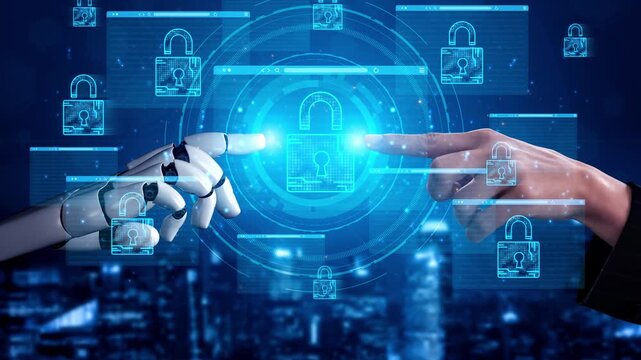 Interconnection of Human and Robot Hands Reaching Toward a Digital Lock Symbolizing Cybersecurity and Technological Progress in Modern Society. Entropy.