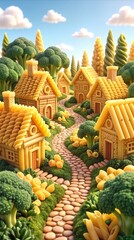 Naklejka premium Food landscape featuring houses made of various pasta shapes and broccoli trees. Whimsical culinary art scene with a cobblestone path made of beans under a bright blue sky.
