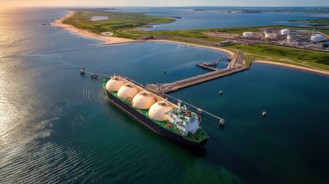 Large LNG tanker docks at industrial port facility