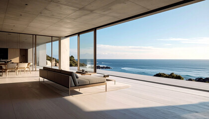 Fototapeta premium Illustration Minimalist luxury resort villa with an infinity swimming pool overlooking the calm blue ocean