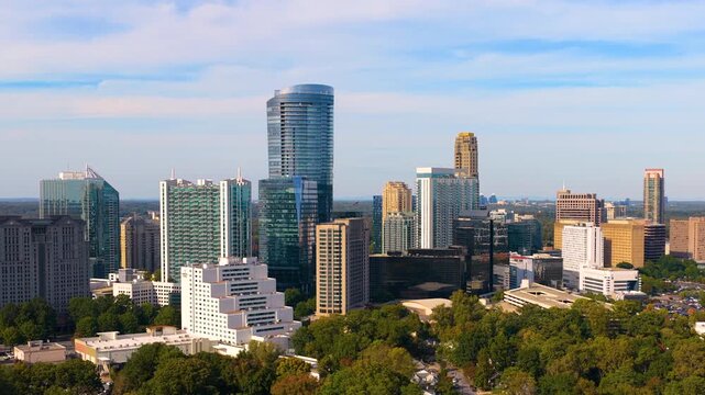 Urban Atlanta cityscape of Buckhead uptown with modern corporate and residential skyscraper buildings. Aerial view of big American city architecture.