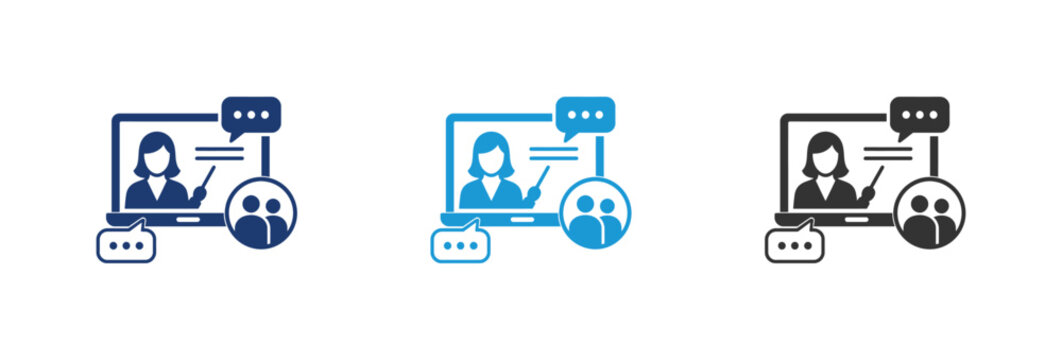 Online education and virtual webinar icon set showing teacher pr