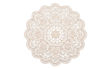 Round vintage crochet lace doily isolated, delicate ivory handmade textile design element on a...