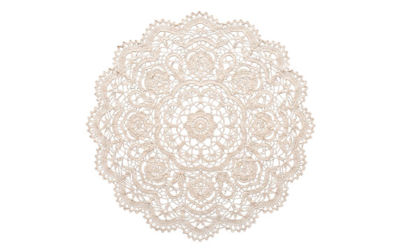 Round vintage crochet lace doily isolated, delicate ivory handmade textile design element on a transparent background