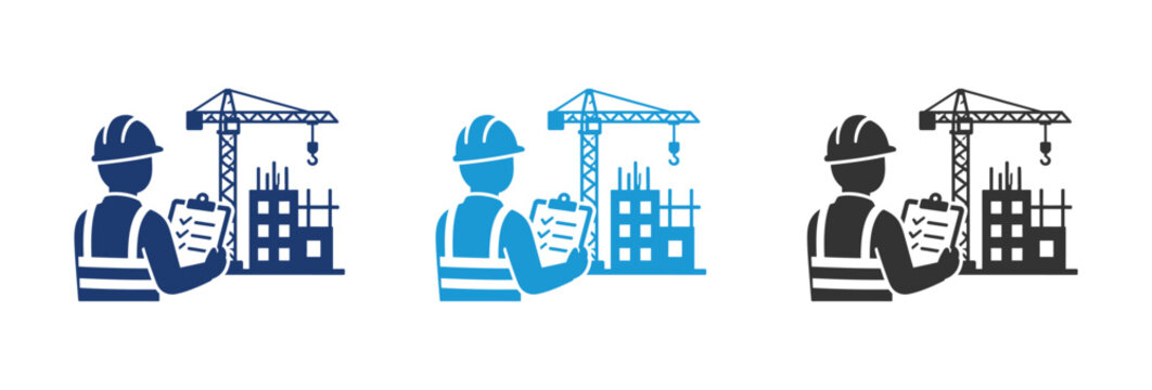 Construction worker icon set showing engineer with clipboard cra