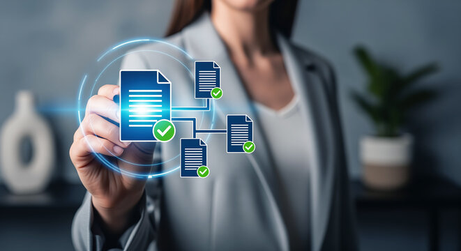 Paperwork approval system for contract review and file verification, business user connects signed records across secure document management process before audit submission and archive update