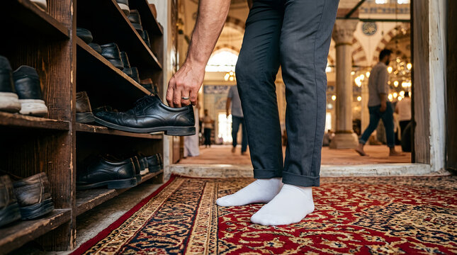 Man removing shoes before entering mosque carpeted hallway worship respectful tradition. Generative AI image