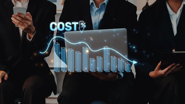 Business professionals in tailored suits analyze financial data, focusing on a digital cost graph that represents market trends and decision-making strategies. Raster