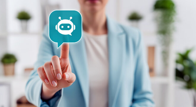 Virtual help icon on office touchscreen turns AI chatbot support into self service answer flow as a manager selects bot messaging for faster request handling and automated help center triage